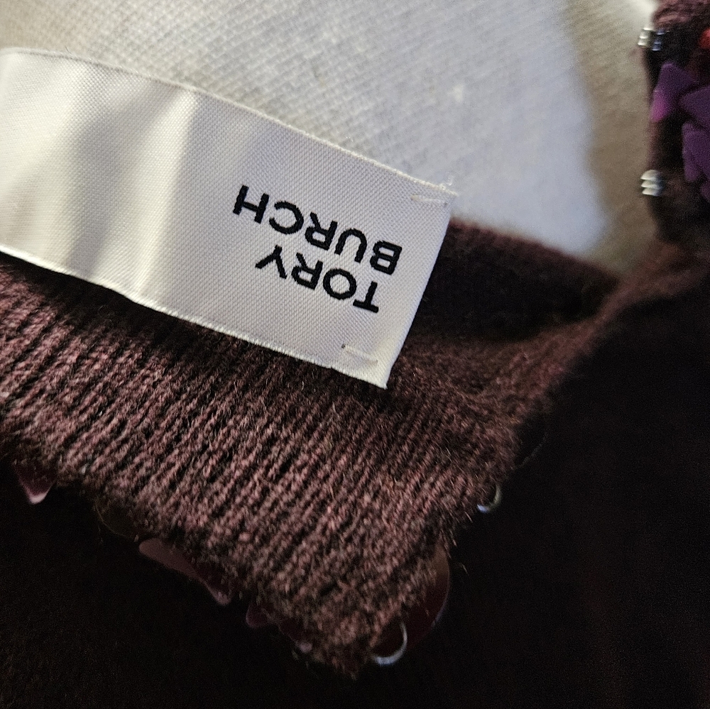 Tory Burch Burgandy Embellished Neckline Sweater - Picture 7 of 8